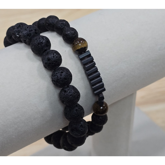 Lot of 2 Natural Volcanic Lava Stone Stretch Bracelet Essential Oil Diffuser - Picture 2 of 9